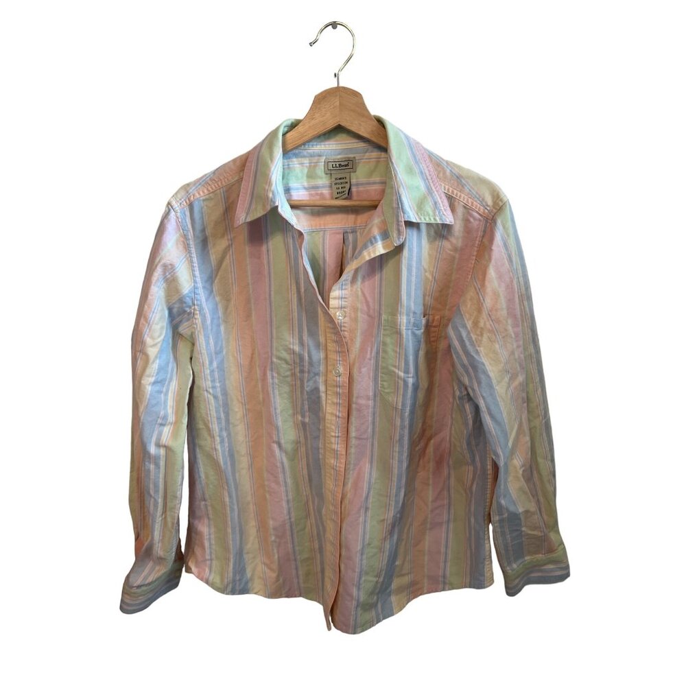 L.L.Bean Women's Pastel Striped Button-Down Shirt Size L 100% Cotton Long Sleeve